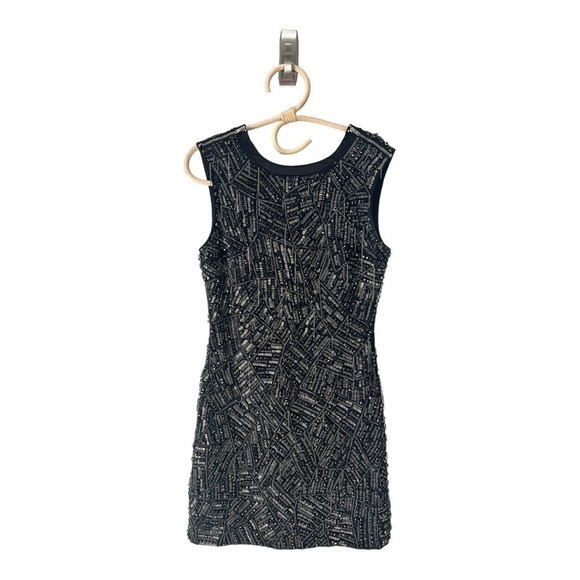 Black Silver Intricate Beaded Sleeveless Cocktail Mini Dress Full Back Zipper S4 - Picture 6 of 16